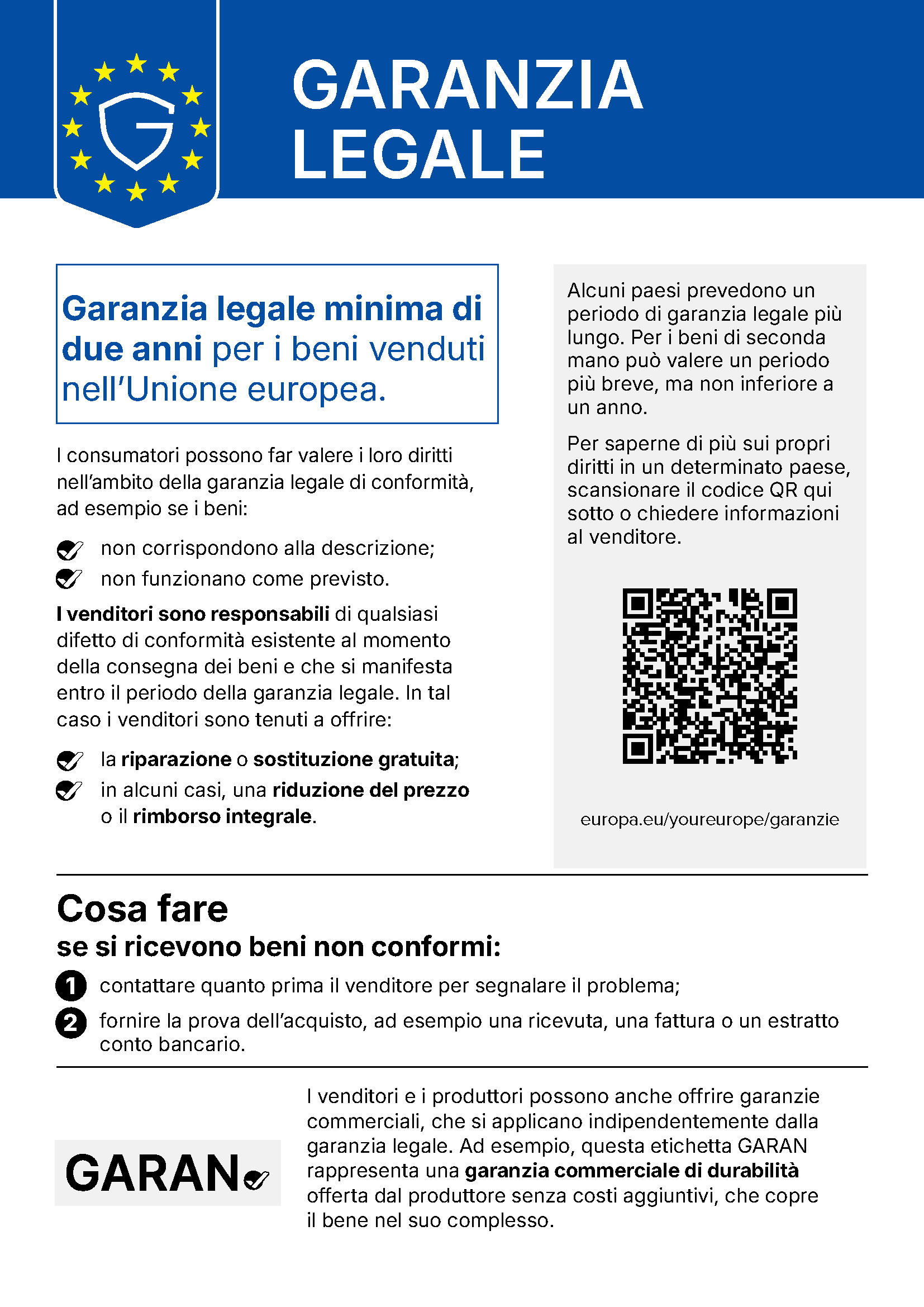Avviso UE sulla garanzia legale: garanzia legale minima di due anni per i beni venduti nell'Unione europea